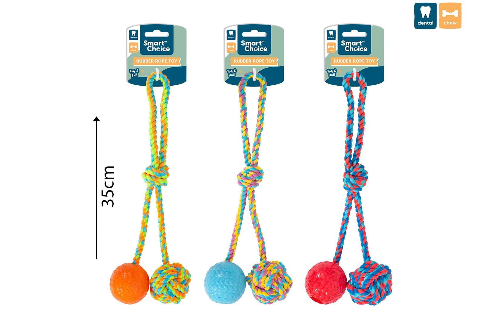 RUBBER & ROPE TUG DOG TOY 3 ASSORTED COLOURS