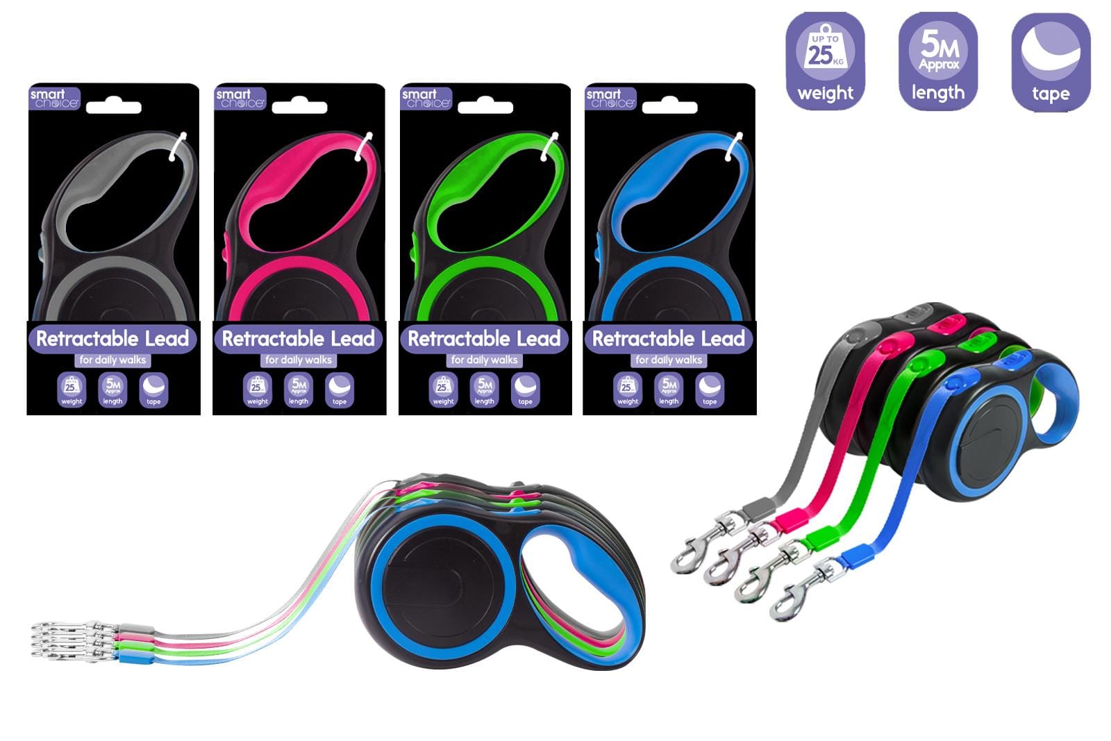 RETRACTABLE DOG LEAD 5M TAPE 25KG 4 COLOURS