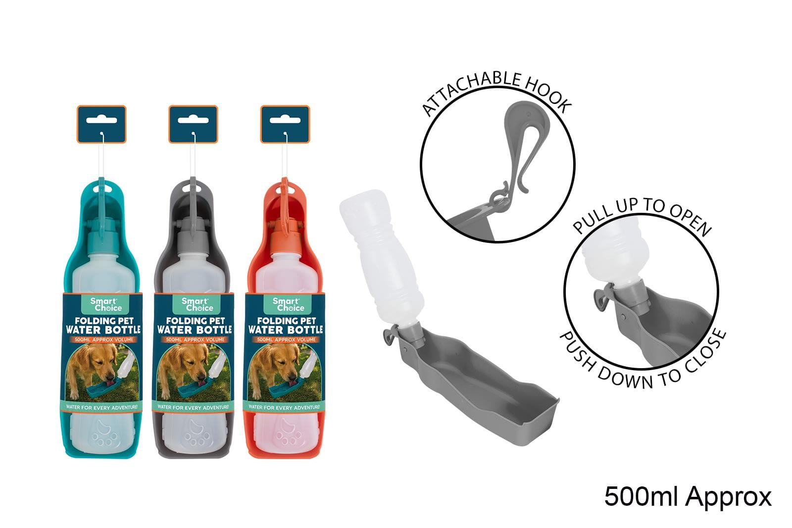 FOLDING WATER BOTTLE 500ML 3 ASSORTED COLOURS