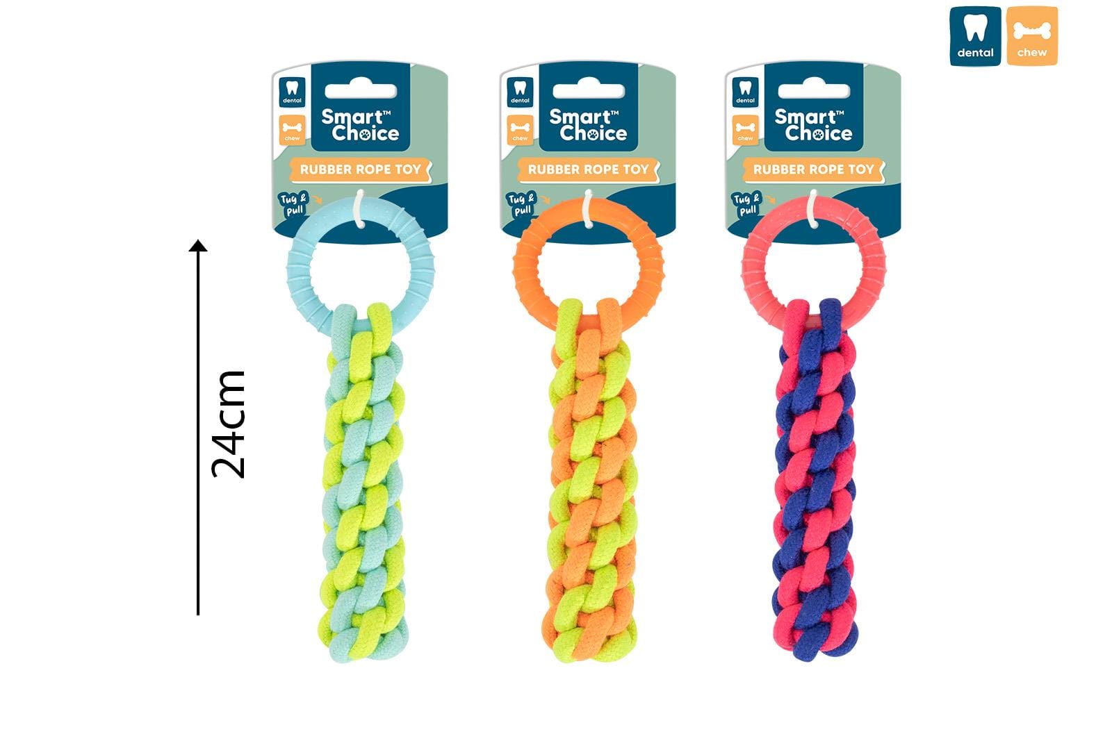 RUBBER & BRAIDED ROPE DOG TOY 3 COLOURS