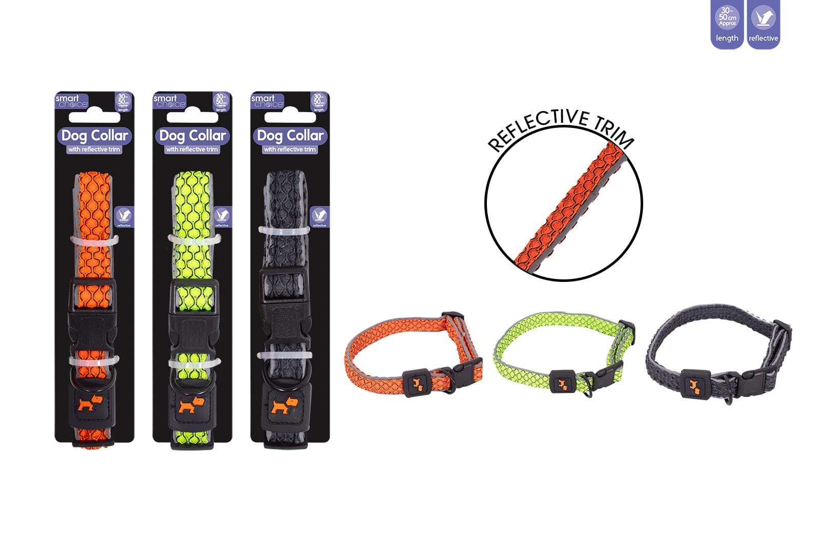 REFLECTIVE TEXTURED DOG COLLAR 30-50CM 3 COLOURS