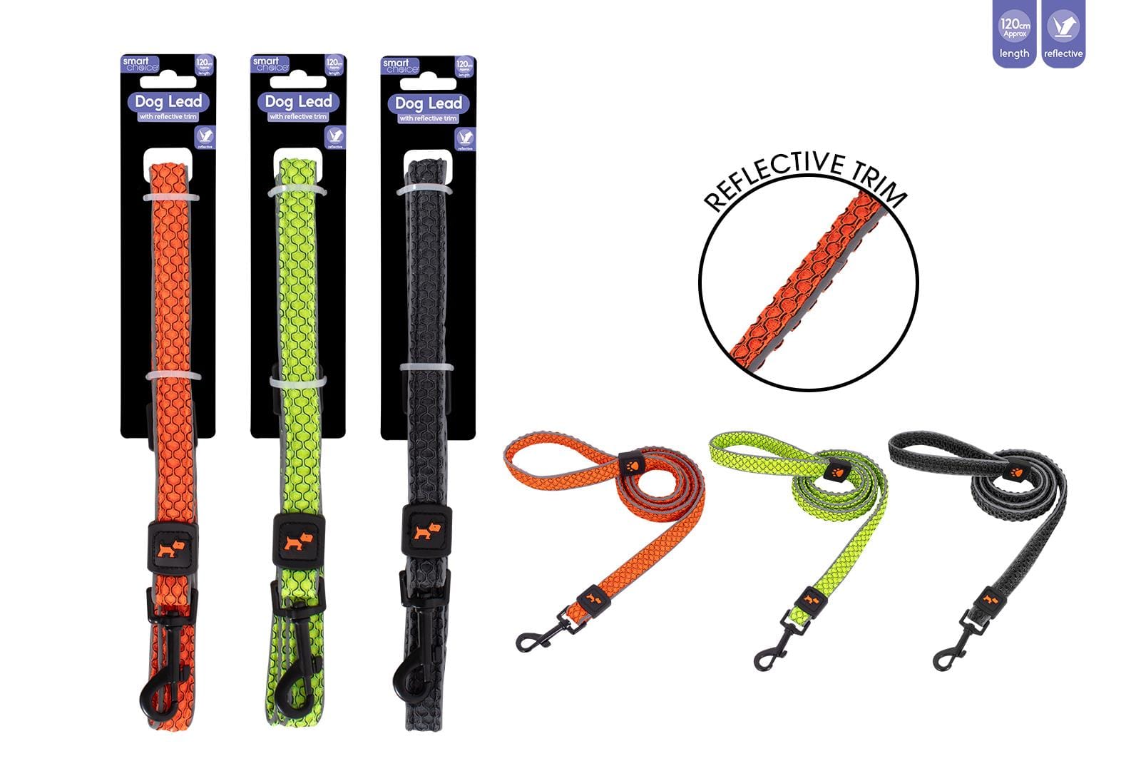 REFLECTIVE TEXTURED DOG LEAD 120CM 3 COLOURS