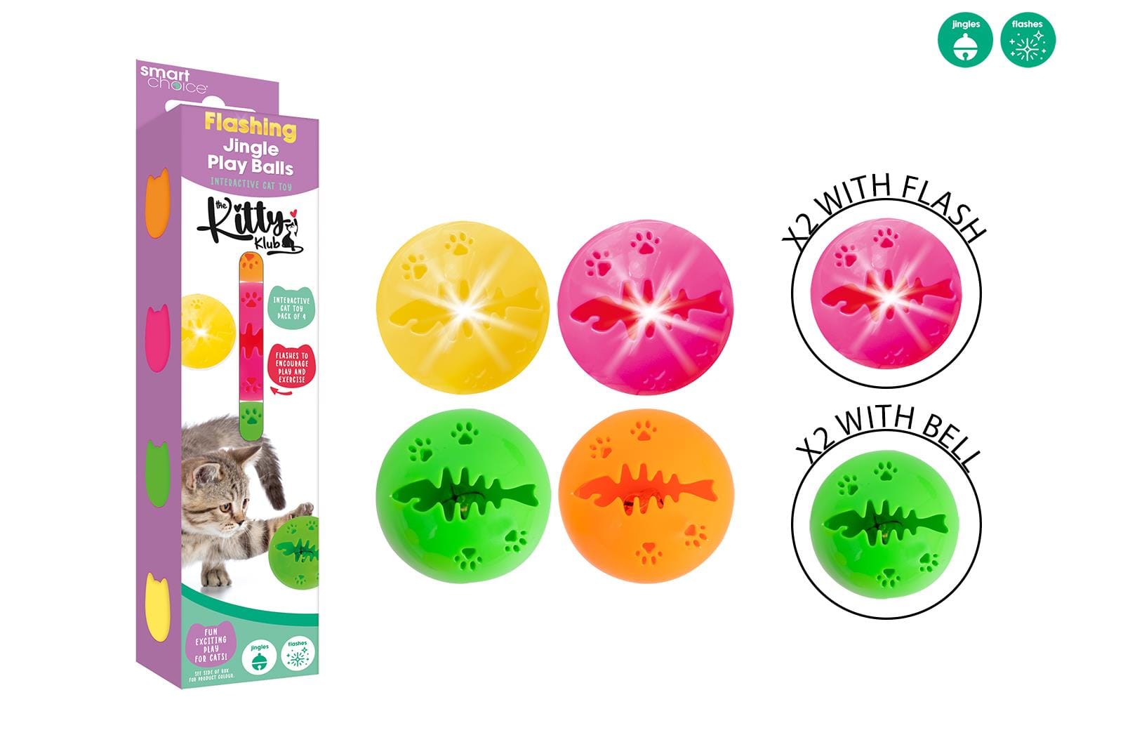 FLASHING & JINGLING CAT PLAY BALLS 4 PACK