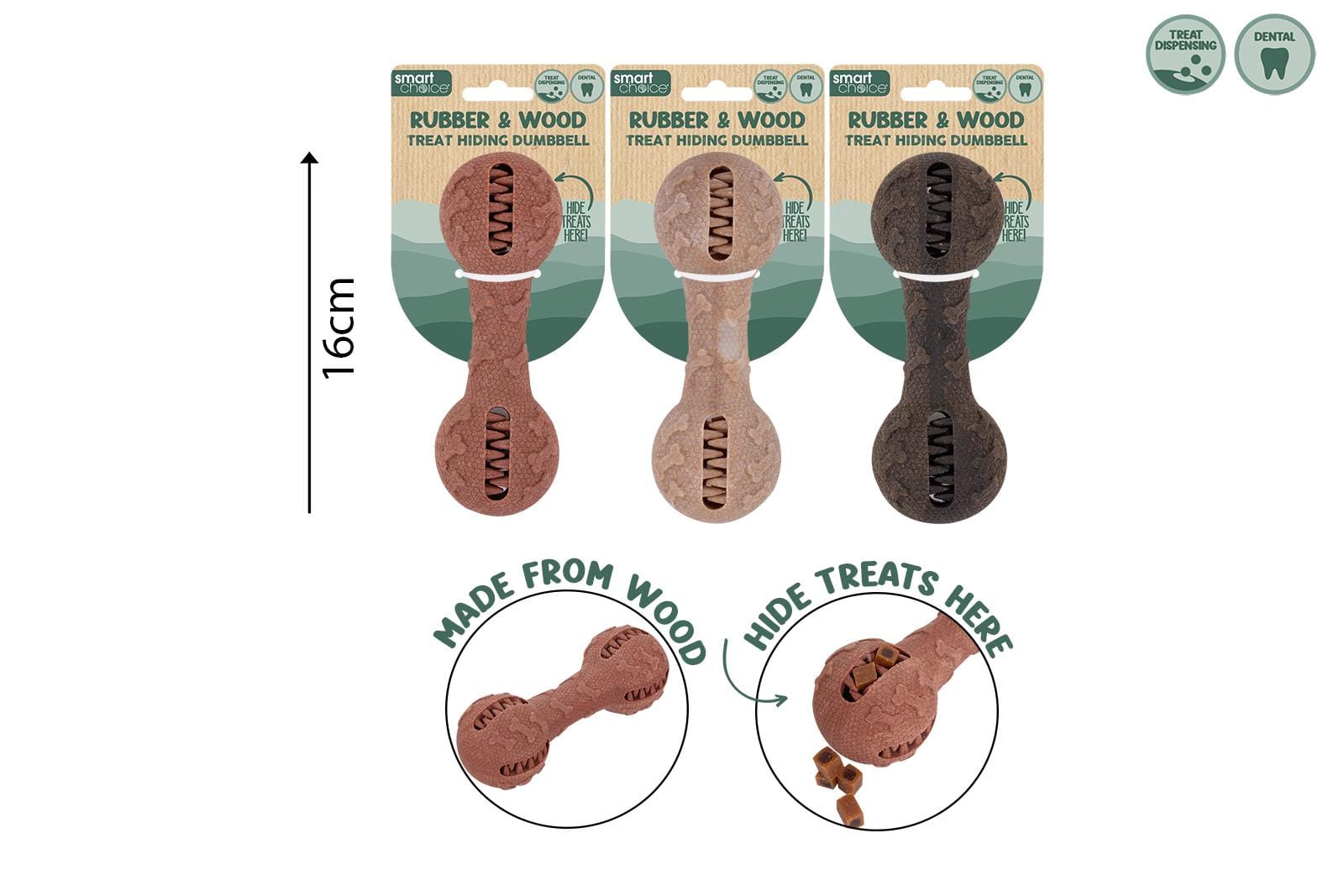 WOOD & RUBBER DUMBBELL DOG TOY 3 COLOURS