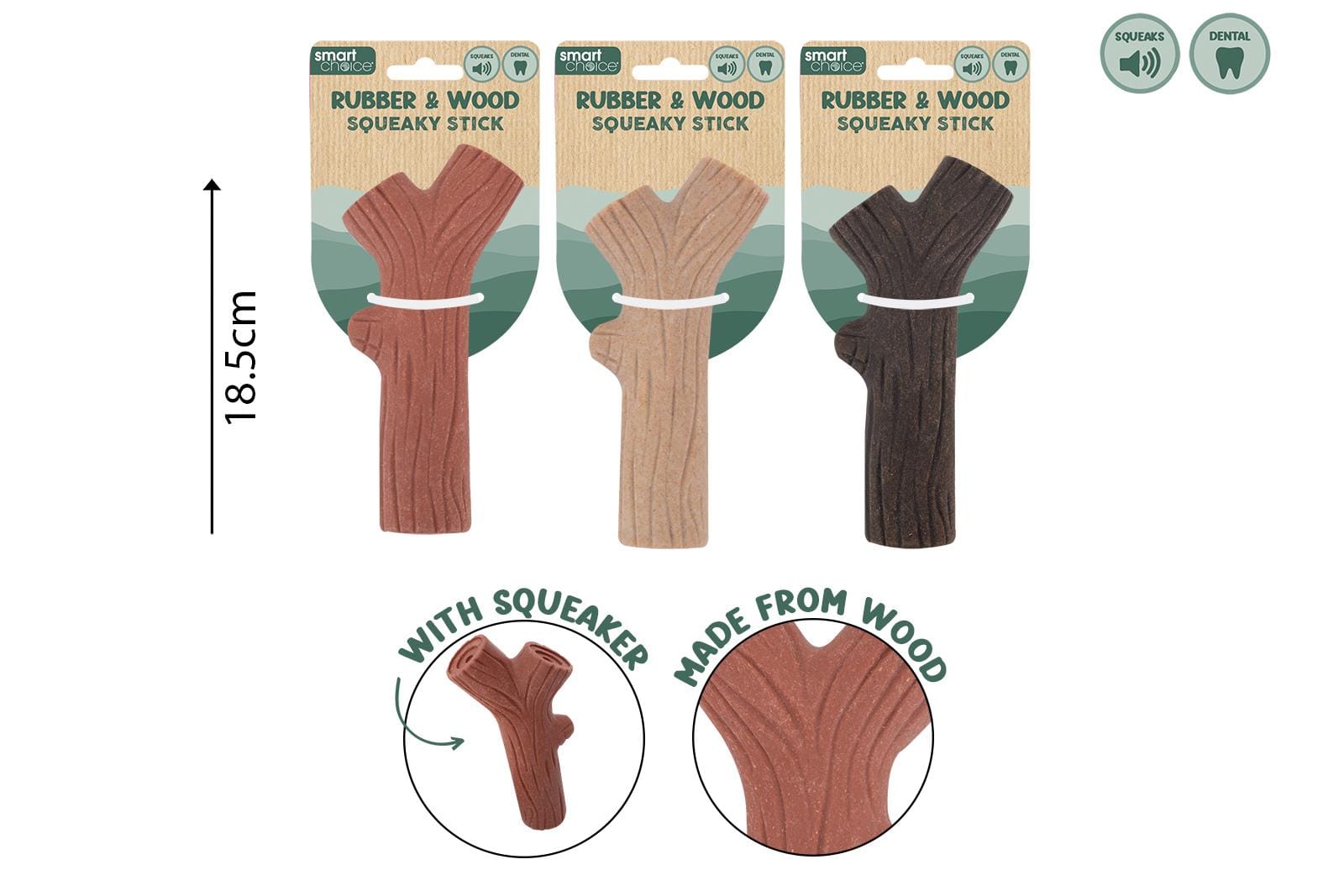 WOOD & RUBBER STICK DOG TOY 3 COLOURS