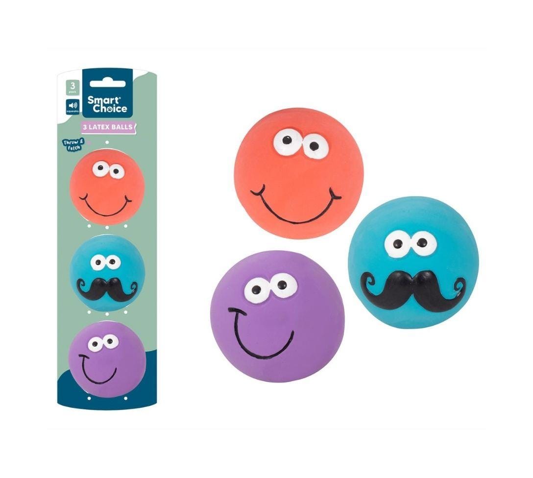 Face Latex Squeaky Ball Toys - 3 Assorted Designs