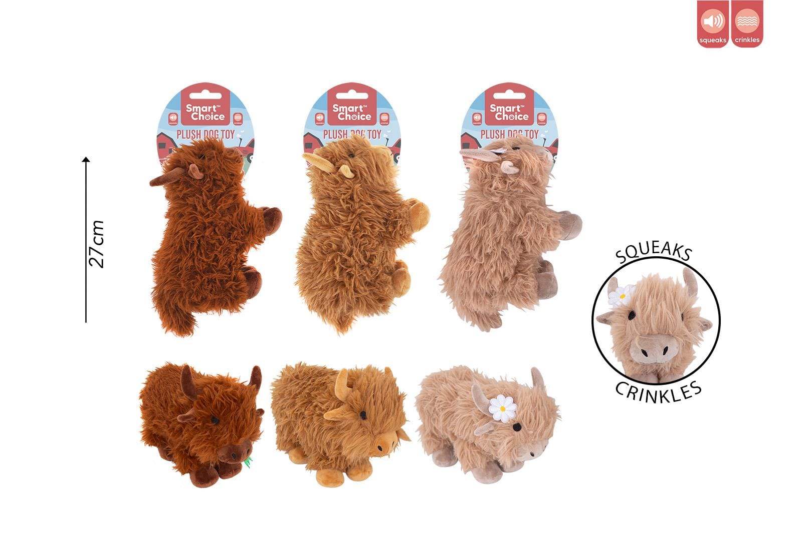 SQUEAKY PLUSH HIGHLAND COW DOG TOY 3 ASSORTED