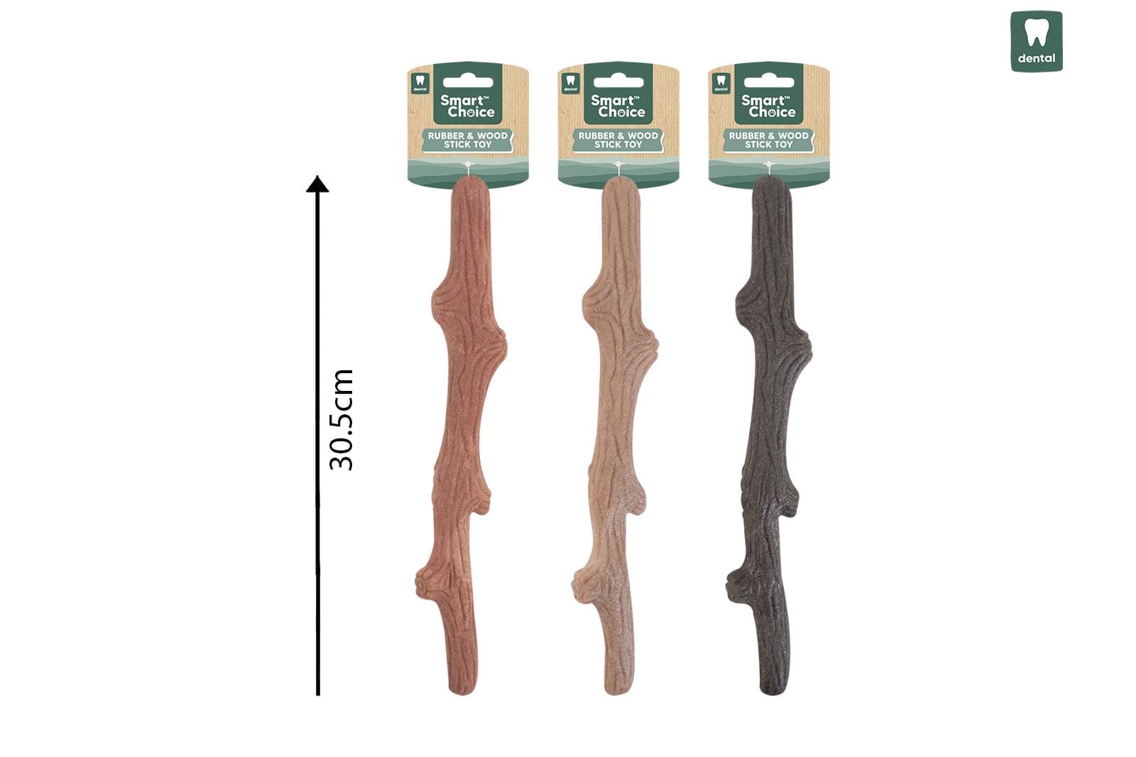 RUBBER & WOOD STICK DOG TOY 3 COLOURS
