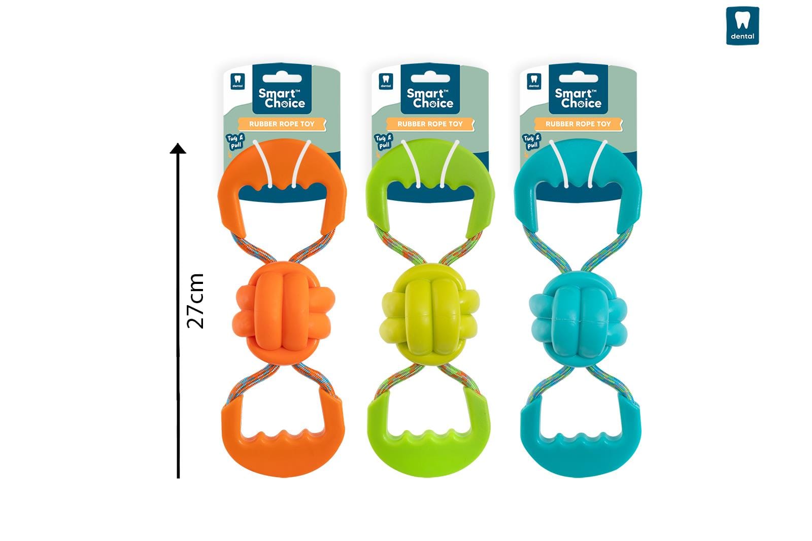 RUBBER & ROPE PULL DOG TOY 3 COLOURS