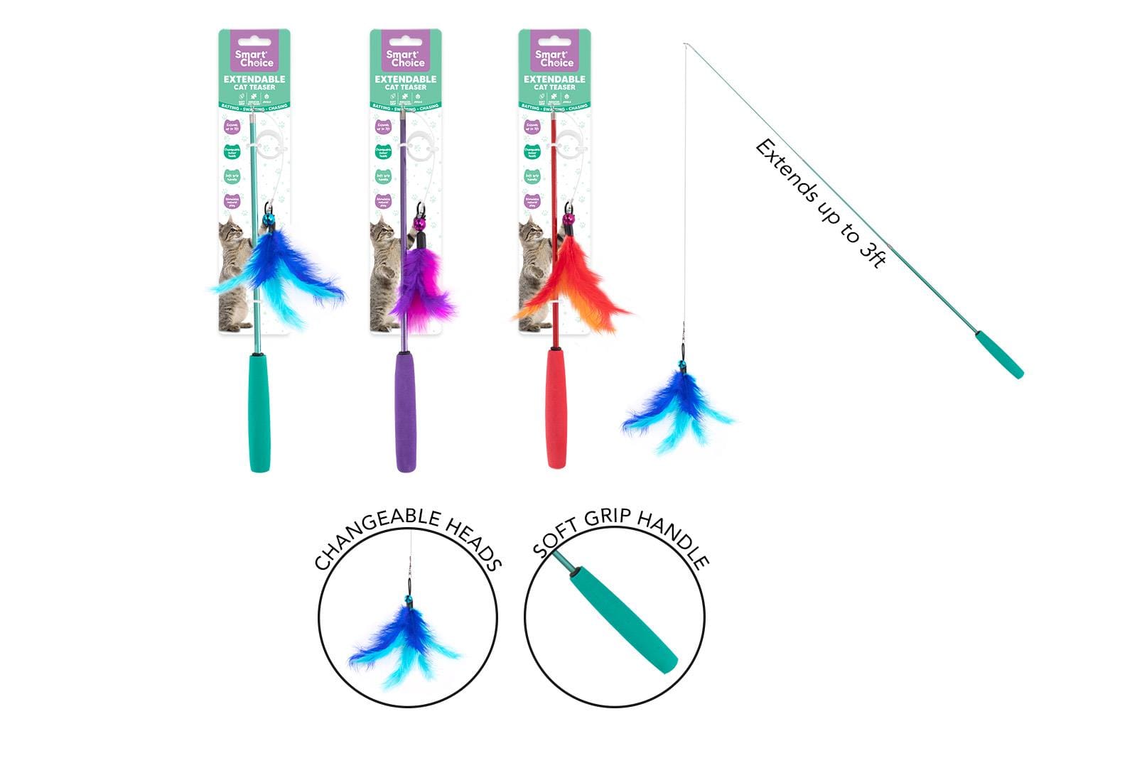 EXTENDABLE FEATHER CAT TEASER 3 COLS