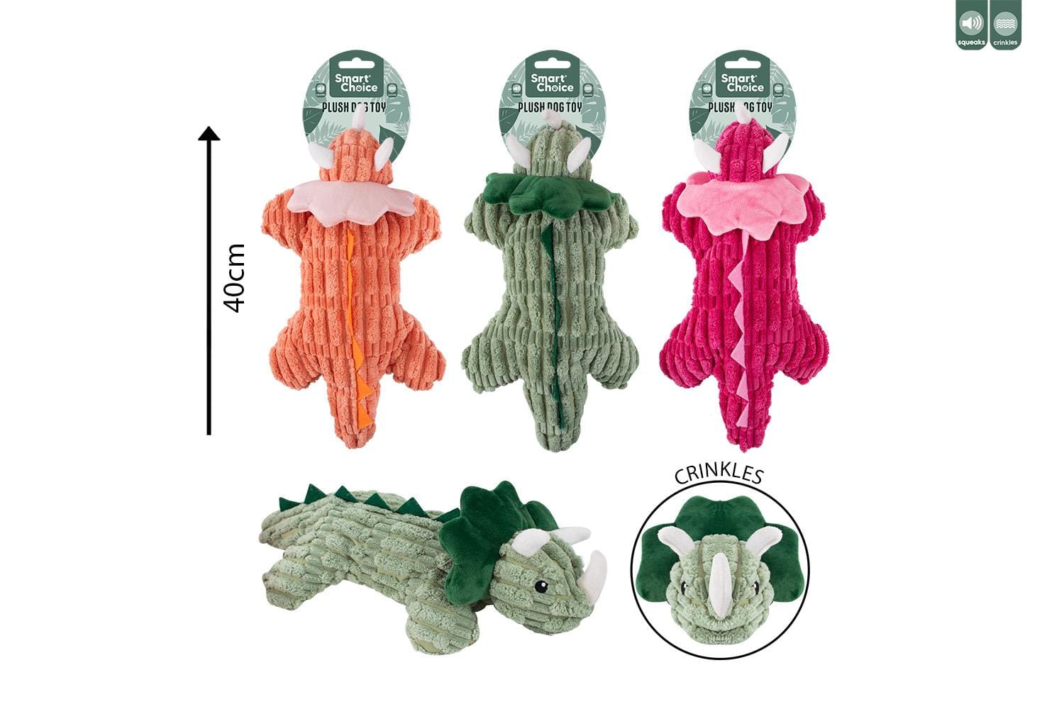 SQUEAKY CRINKLE PLUSH DINO DOG TOY 3 COL