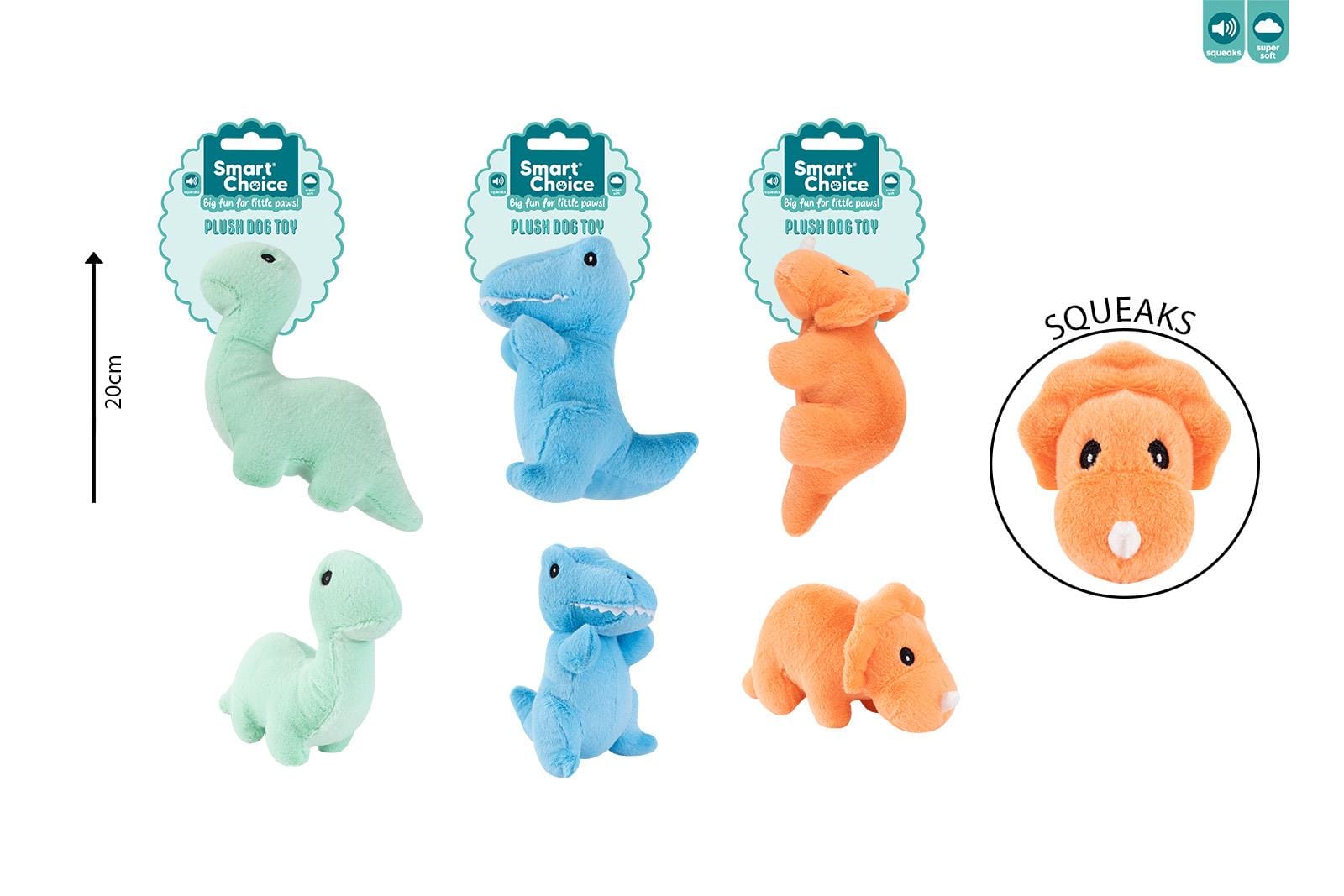 SQUEAKY PLUSH DINO DOG TOY 3 COLOURS
