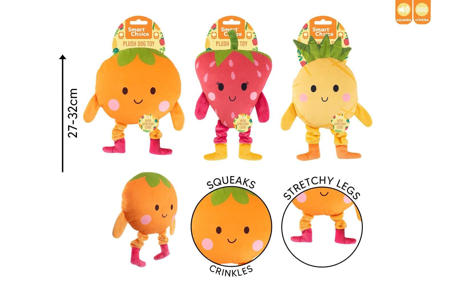 SQUEAKY PLUSH STRETCHY LEG FRUIT DOG TOY