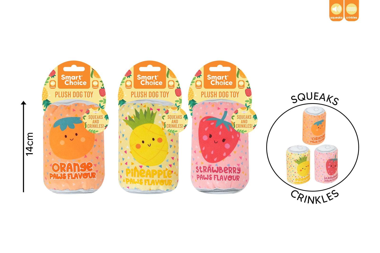 SQUEAKY CRINKLE PLUSH FRUIT CAN DOG TOY
