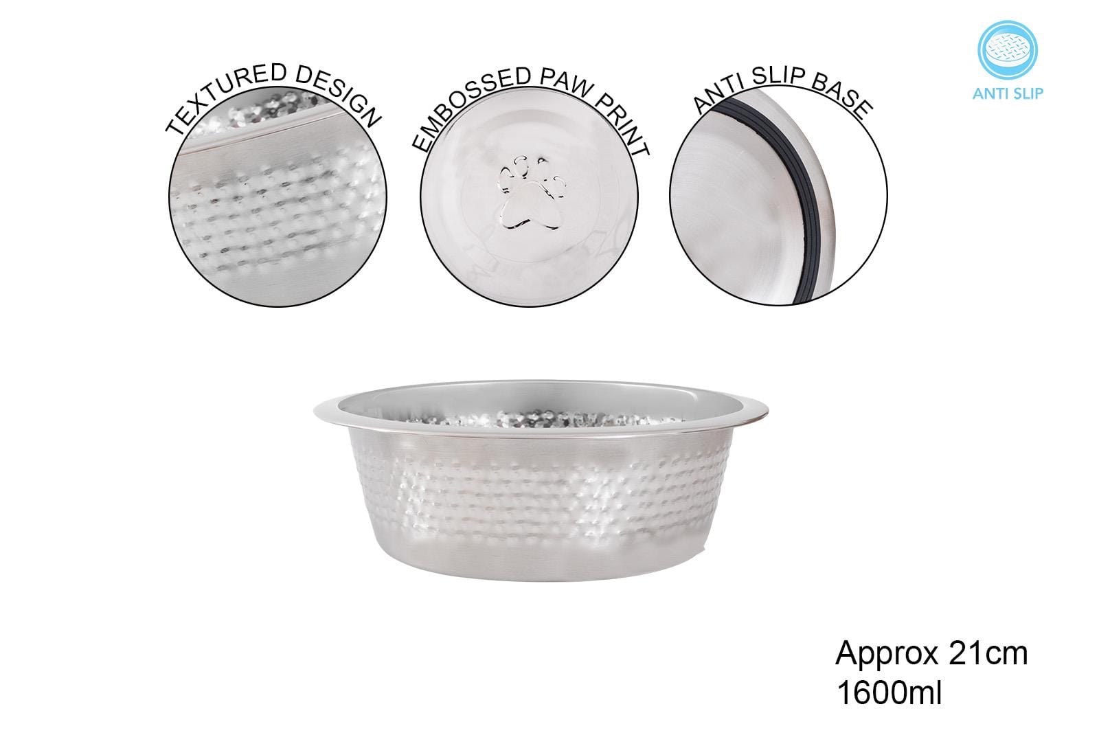 TEXTURED S/STEEL PET BOWL 21CM 1.55L