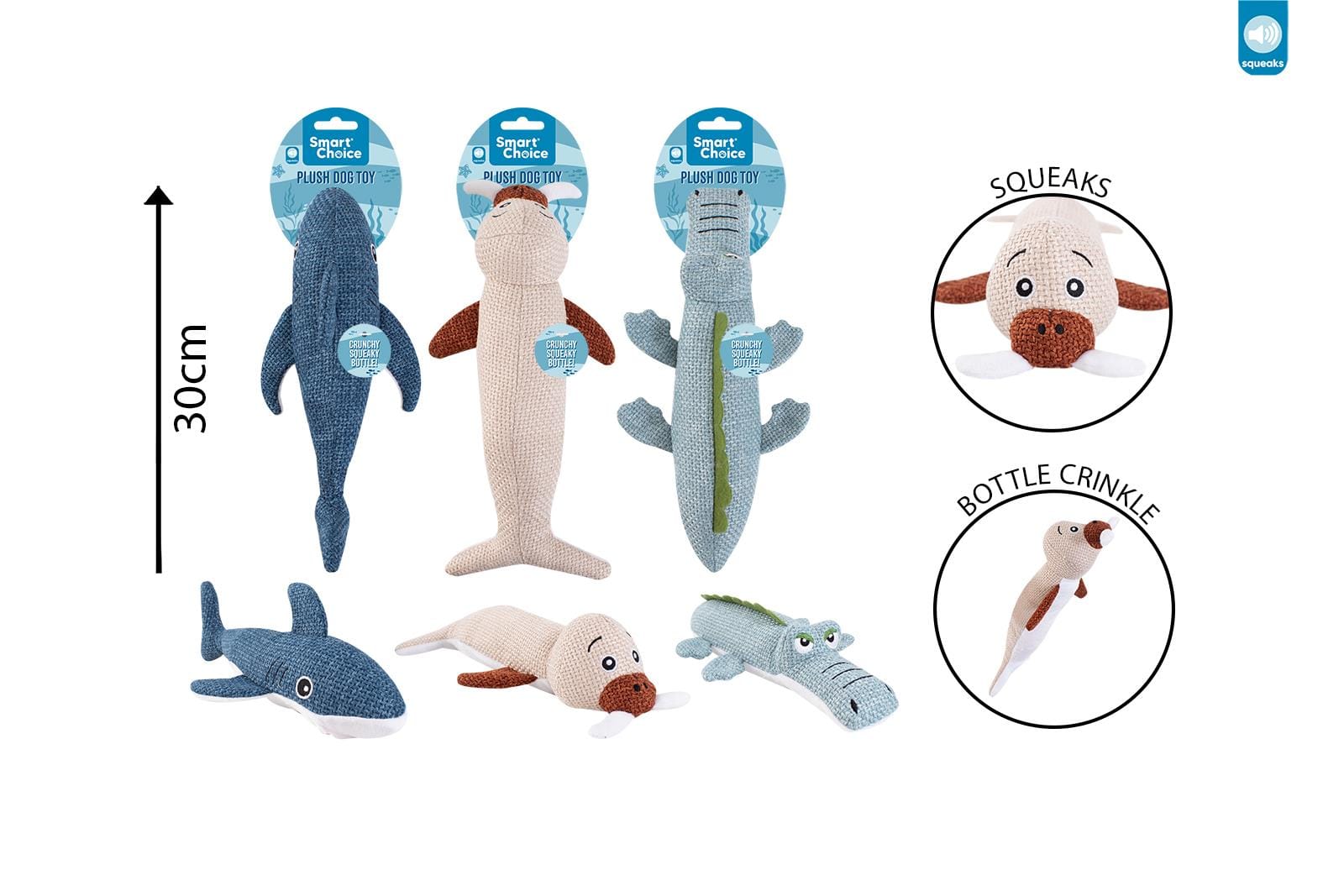 SQUEAKY BOTTLE PLUSH SEA DOG TOY 3 ASSORTED