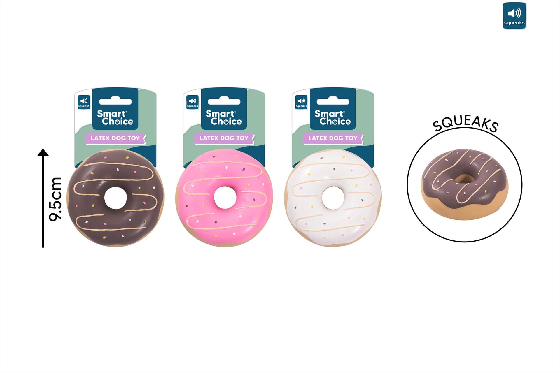 SQUEAKY LATEX DONUT DOG TOY - 3 ASSORTED COLOURS