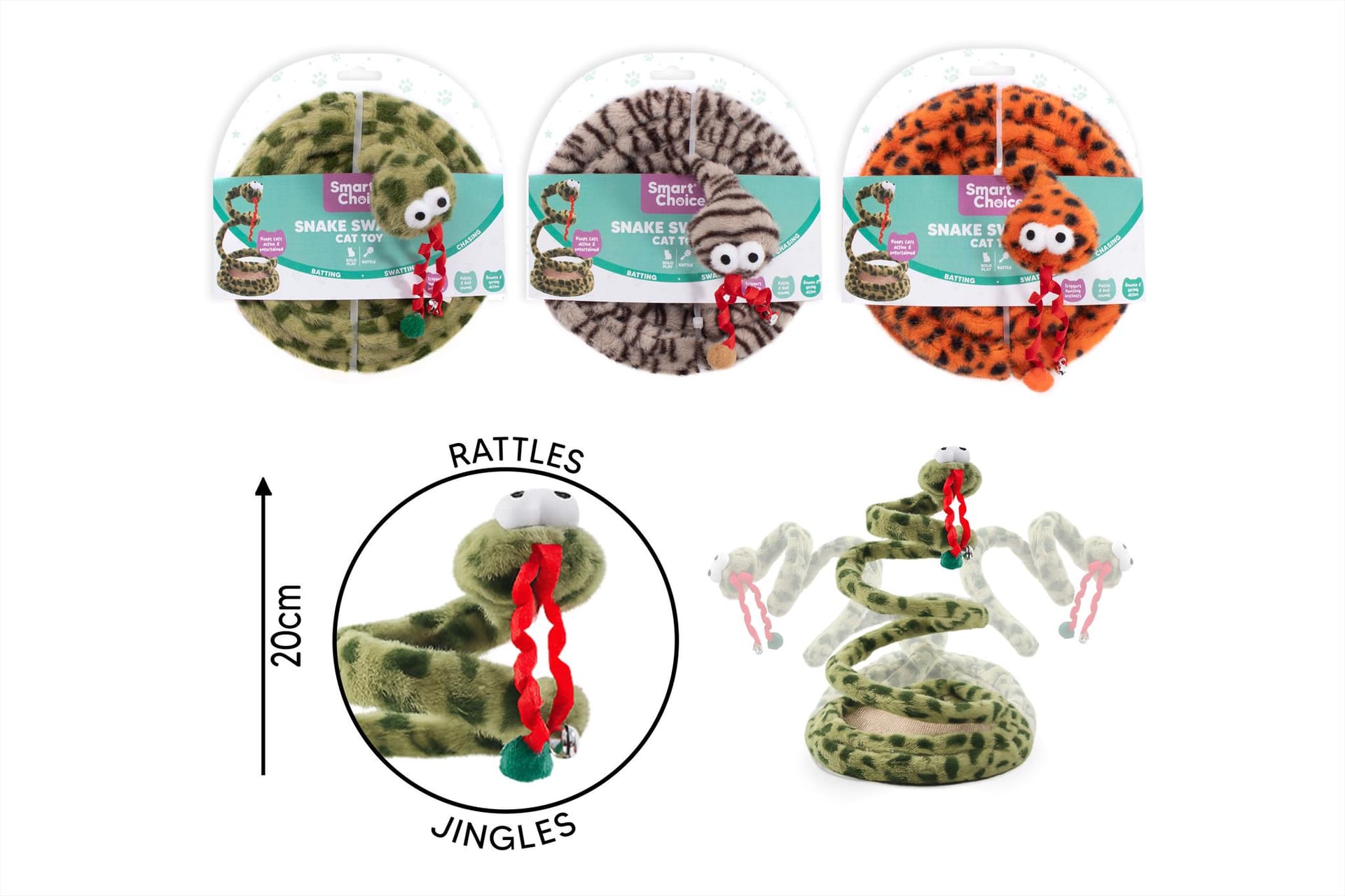 PLUSH SNAKE SWATTER CAT TOY - 3 ASSORTED COLOURS