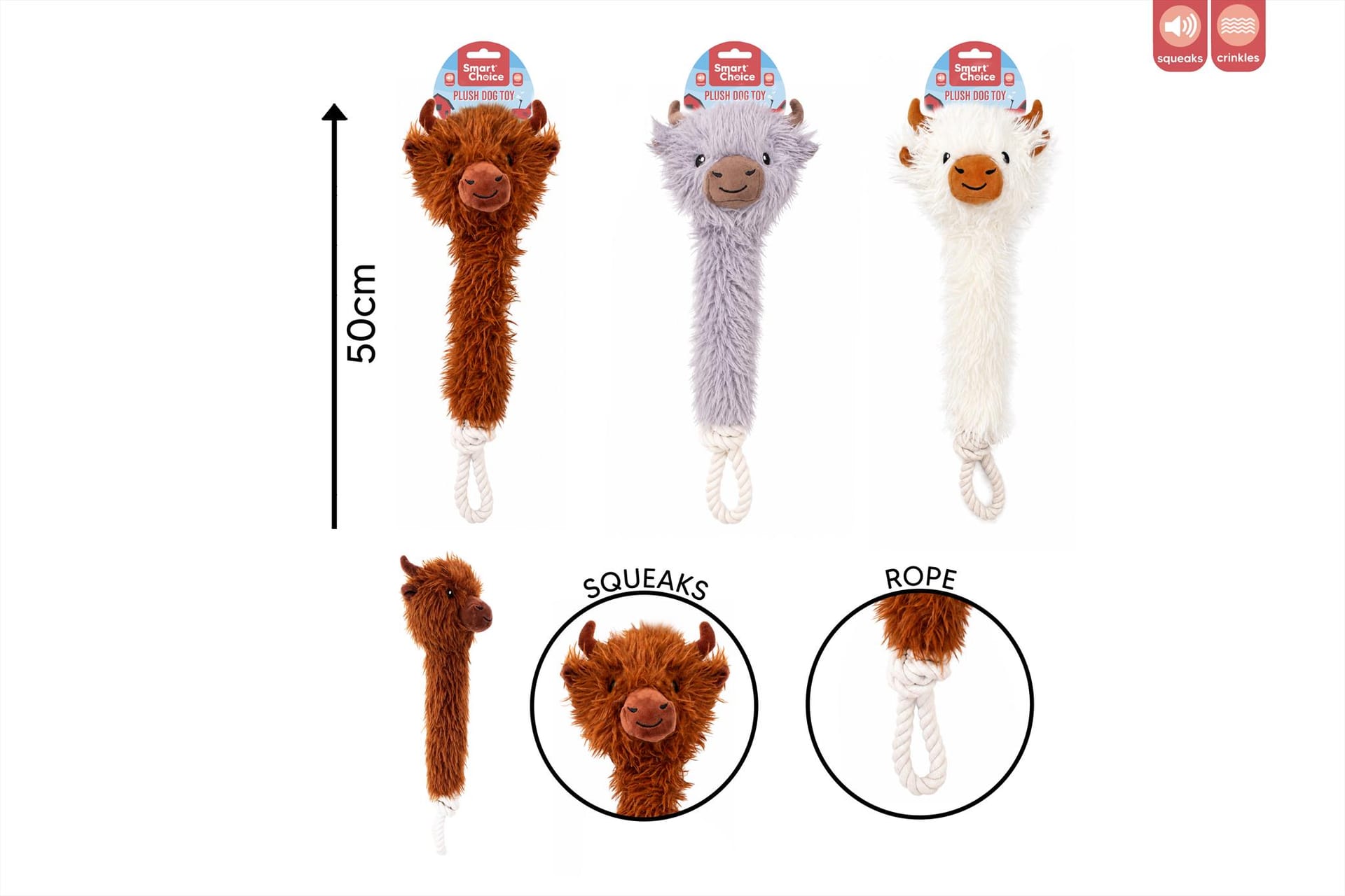 SQUEAKY PLUSH ROPE HIGHLAND COW DOG TOY