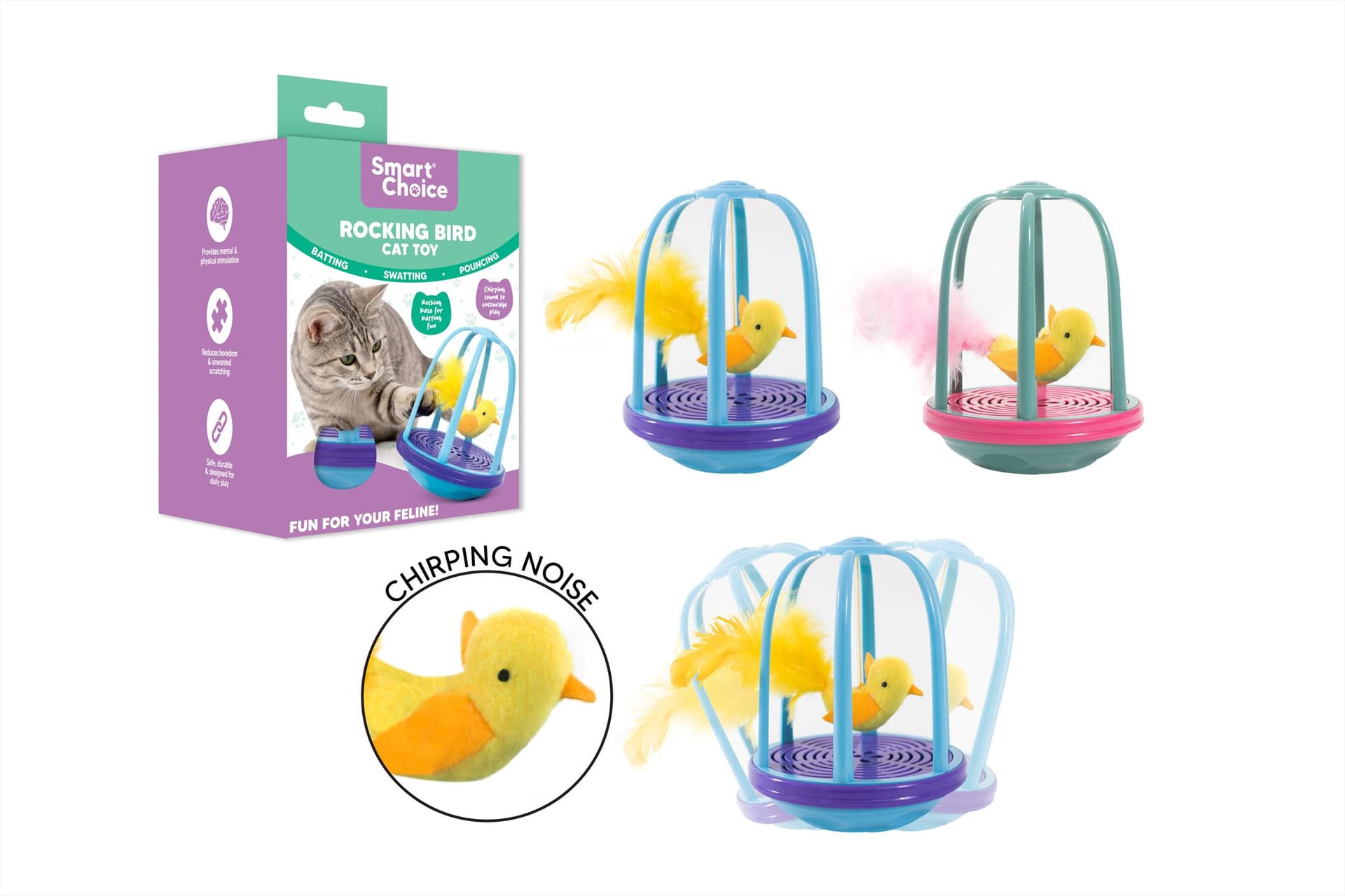 CHIRPING BIRD IN CAGE ROCKING CAT TOY