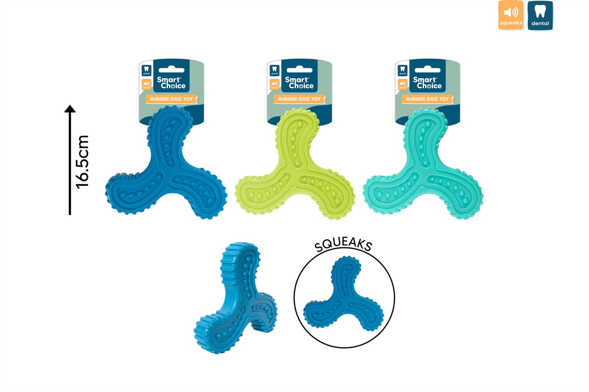 THREE SIDED RUBBER DOG TOY - 3 ASSORTED COLOURS