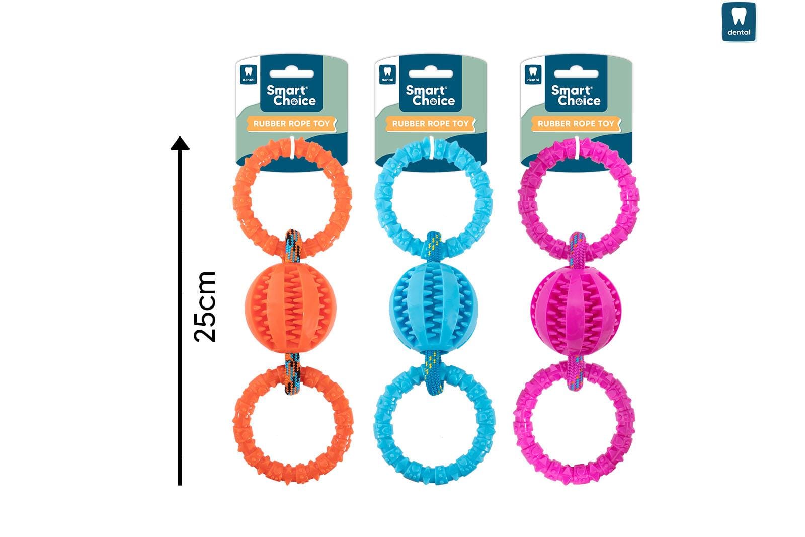 RUBBER AND ROPE TUG DOG TOY - 3 ASSORTED COLOURS