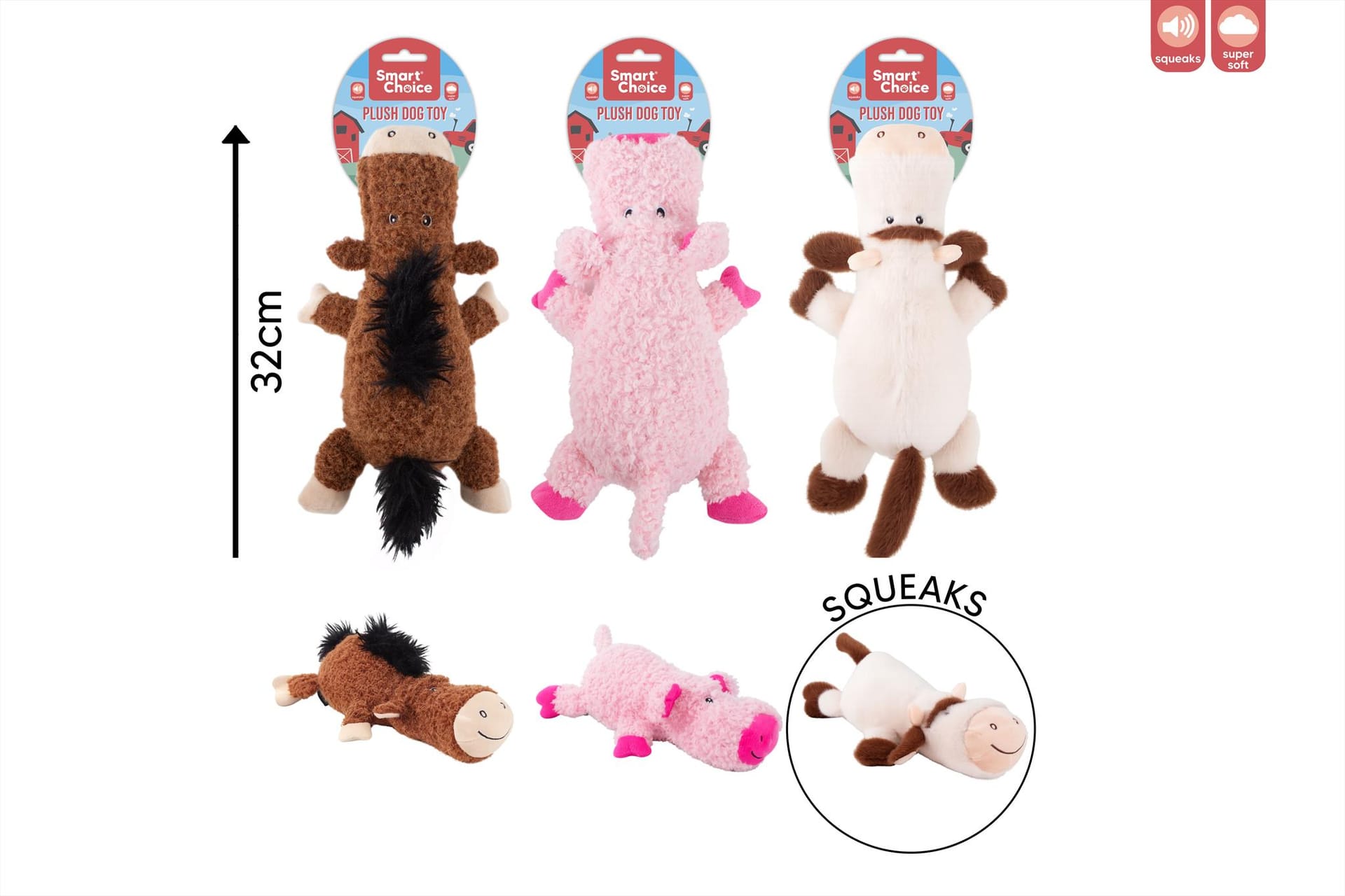  PLUSH FARM SQUEAKY DOG TOY - 3 ASSORTED DESIGNS