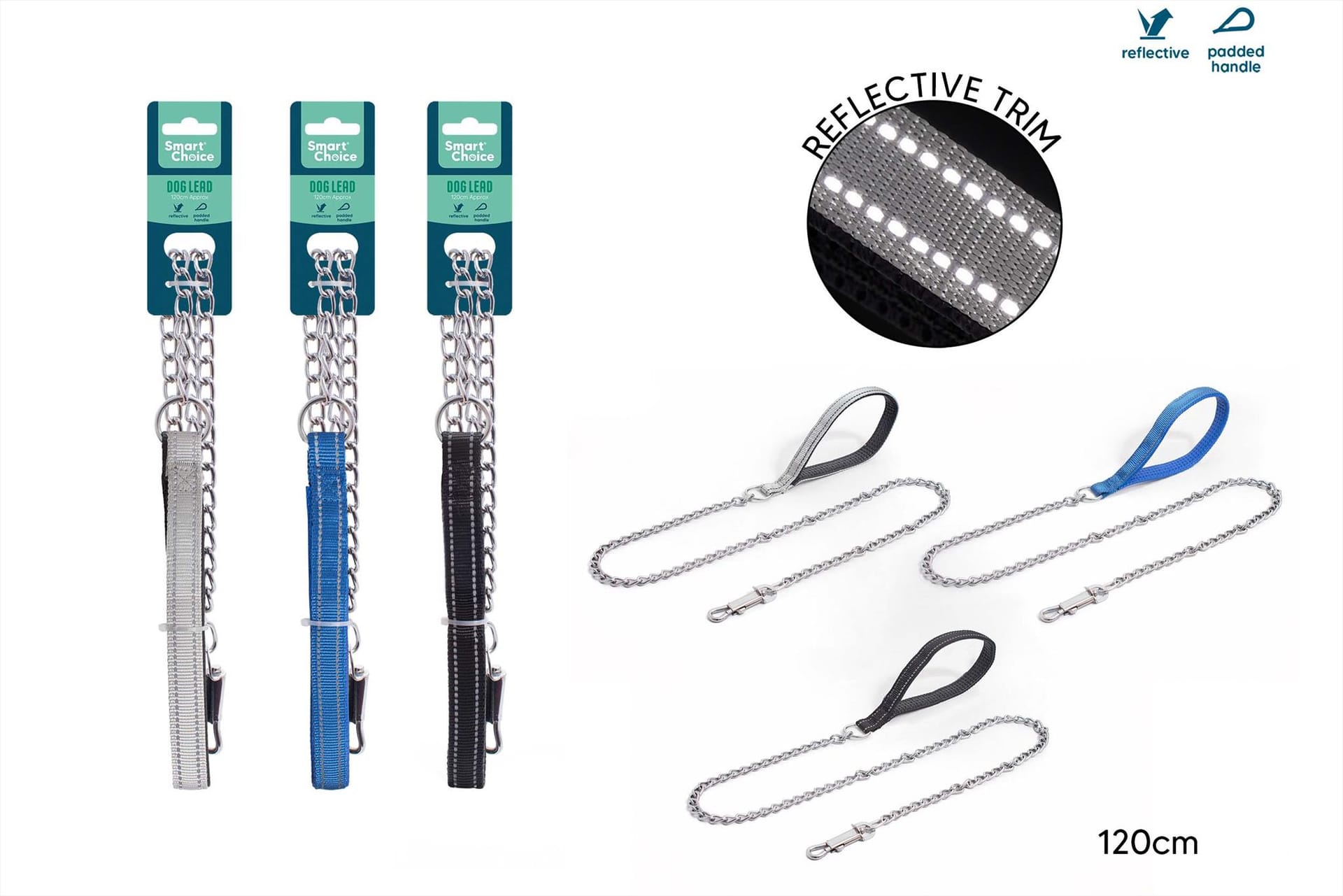 REFLECTIVE CHAIN DOG LEAD 1.2M 3 ASSORTED COLOURS