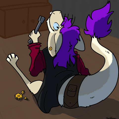 A drawing of a beige-furred yinglet with purple hair and tail tuft wearing a blacksmith's apron looking at you from behind while sitting with a wrench in hand