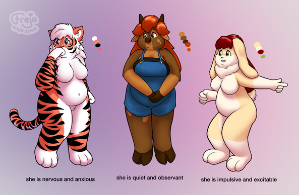 ref sheet style drawing of a pink tiger girl, a brown cow girl, and a cream-colored bunny girl. they are captioned, respectively, "she is nervous and anxious", "she is quiet and observant", and "she is impulsive and excitable"