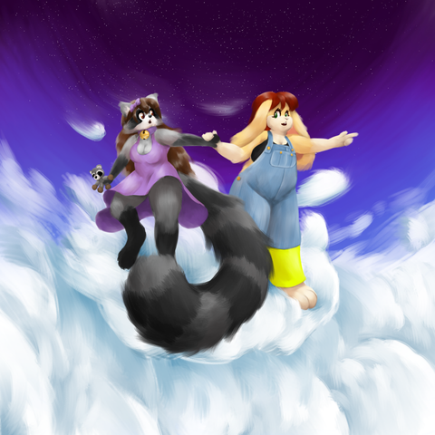 painted drawing of a raccoon girl in a violet dress and a bunny girl in denim overalls, riding on a cloud against a purple sky.