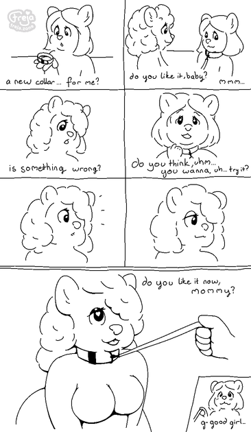 black and white pixel style comic:
panel 1: smaller catgirl is holding a collar, "a new collar... for me?"
panel 2: she's wearing it and the bigger cat girl is looking at her. "do you like it, baby?" "mmm..."
panel 3: bigger girl asks "is something wrong?"
panel 4: the smaller one goes "do you think, uhm... you wanna, uh... try it?"
panel 5 and 6: bigger catgirl looks surprised and then satisfied.
final panel (big): the bigger girl is kneeling with her tits out, and is leashed with the collar. "do you like it now, mommy?" and the smaller girl, holding the leash, says "g-good girl..."