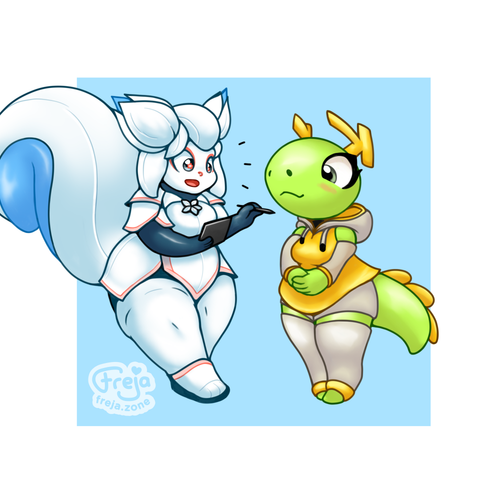 digital drawing of Kiki the white robot squirrel (Krita mascot), and Katie, the green KDE dragon. Kiki is holding a drawing tablet and smiling at something on it, and Katie is peeking to see what's on it.