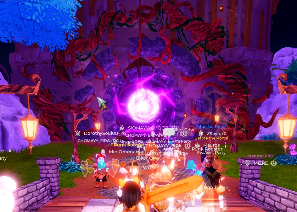 The purple portal opening in front of Dewdrop Castle as Lycaros arrives in The Portal