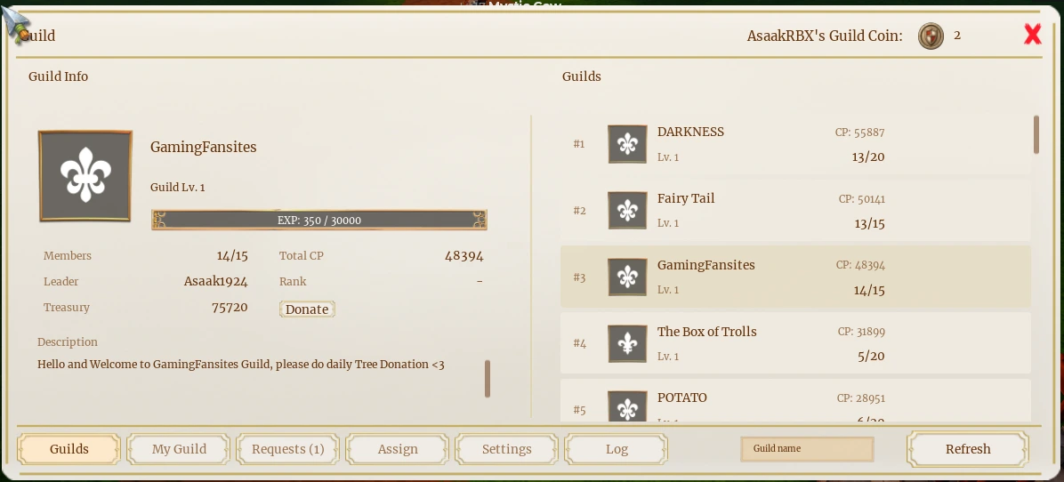 The guild window with the CP ranking on the right The guild window in The Portal showing guild info, member count, treasury and the guild ranking list by CP