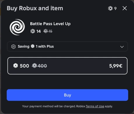 Roblox purchase prompt for a Battle Pass Level Up in The Portal, priced at 15 Robux or 14 with Roblox Premium