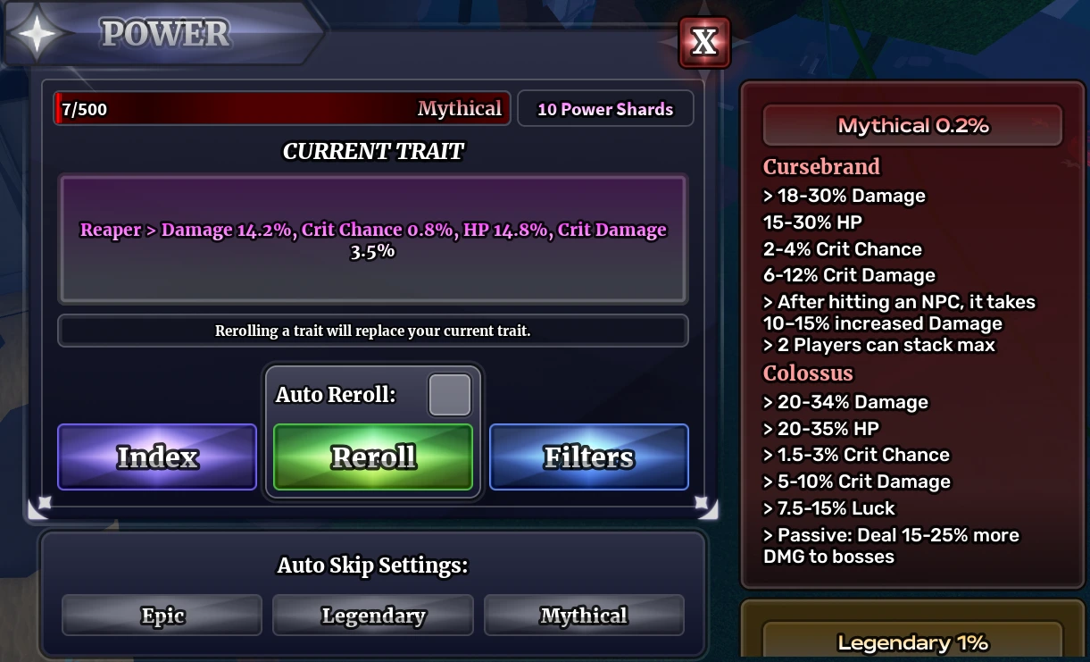Power System menu in Sailor Piece showing available power upgrades and effects