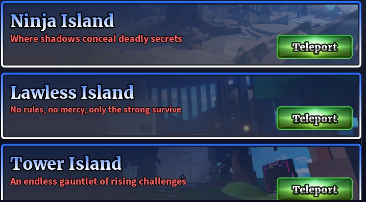 Sailor Piece teleporter showing access to Ninja Island, Lawless Island, and Tower Island