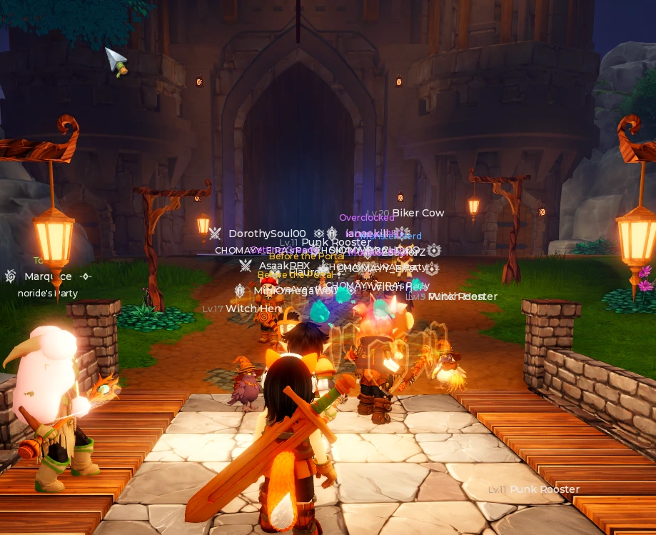 Players gathering in front of the Dewdrop Castle gate in The Portal before the Lycaros portal opens