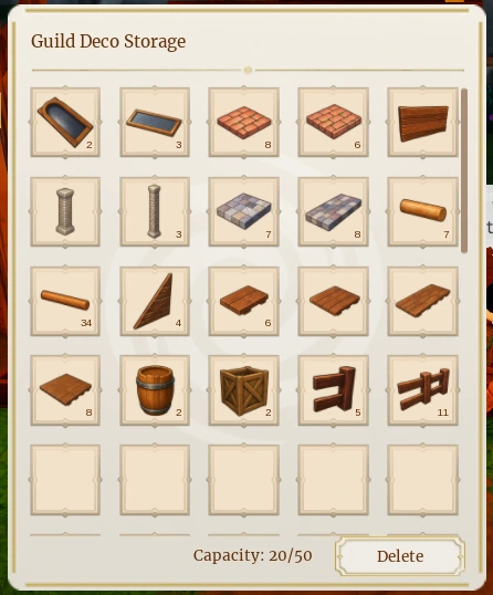 Donated decorations become available to every member The Guild Deco Storage in The Portal showing donated building materials and the storage capacity counter