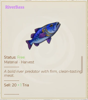 RiverBass item tooltip in The Portal showing a sell value of 20 Tria before the planned fish price change