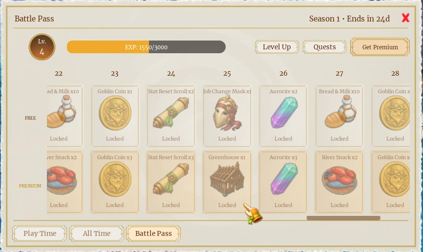 The Portal Season 1 Battle Pass rewards at tiers 22 to 28, with the Greenhouse on the premium track at tier 25