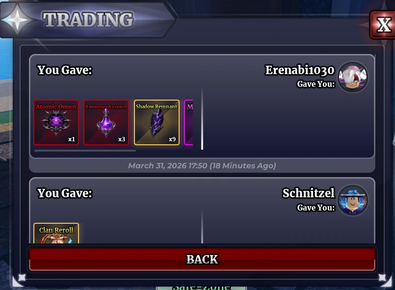 Trade log history window in Sailor Piece showing recent trades
