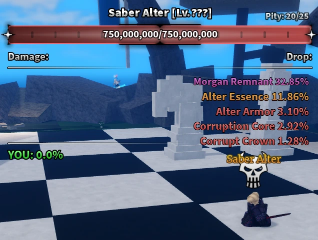 Saber Alter boss in Sailor Piece with drop list and HP on normal difficulty