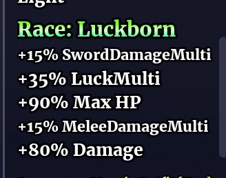 LuckBorn race stats in Sailor Piece with sword damage, luck, max HP, melee damage, and damage bonus