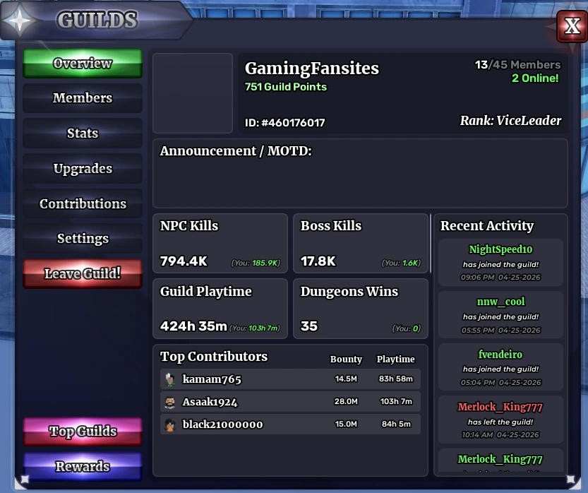 Sailor Piece guild overview menu showing guild points and guild upgrades