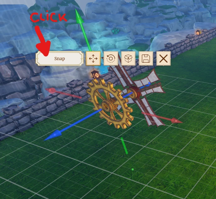 The SNAP button in The Portal build editor used to attach a Big Cog to a Wind Sail