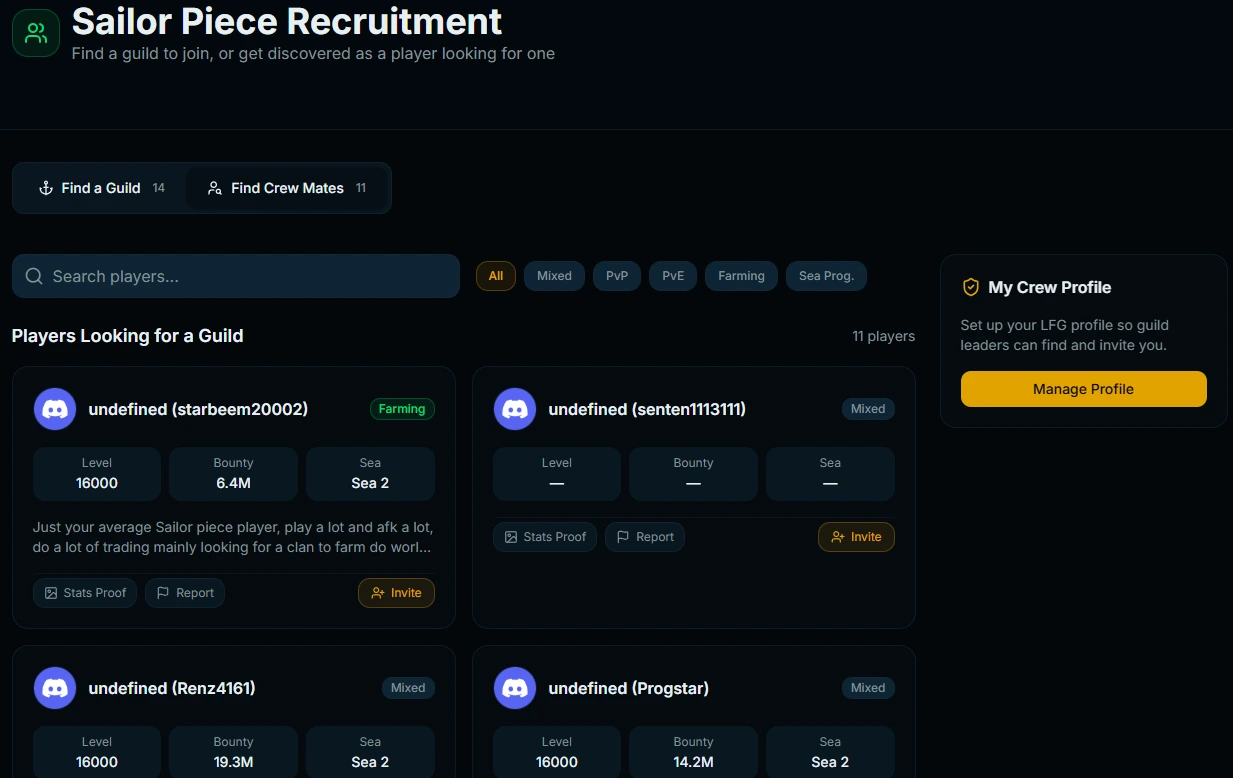 SailorPieceGuilds recruitment board and event calendar for Sailor Piece guilds