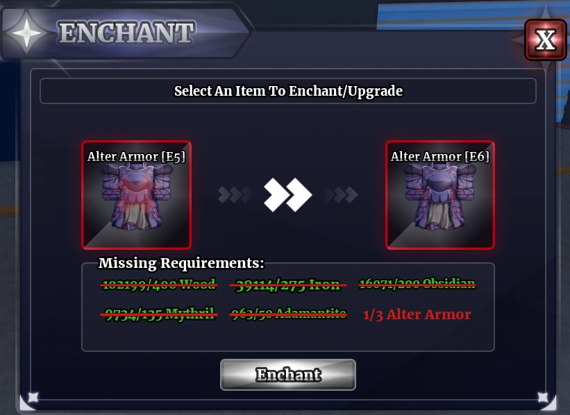 Sailor Piece Enchantment Materials Requirements Sailor Piece enchantment materials window showing accessory upgrade requirements