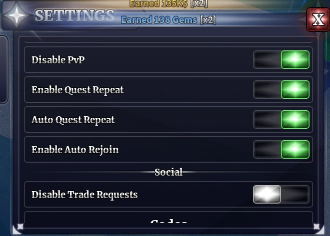 Sailor Piece settings menu showing Enable Quest Repeat and Auto Quest Repeat options